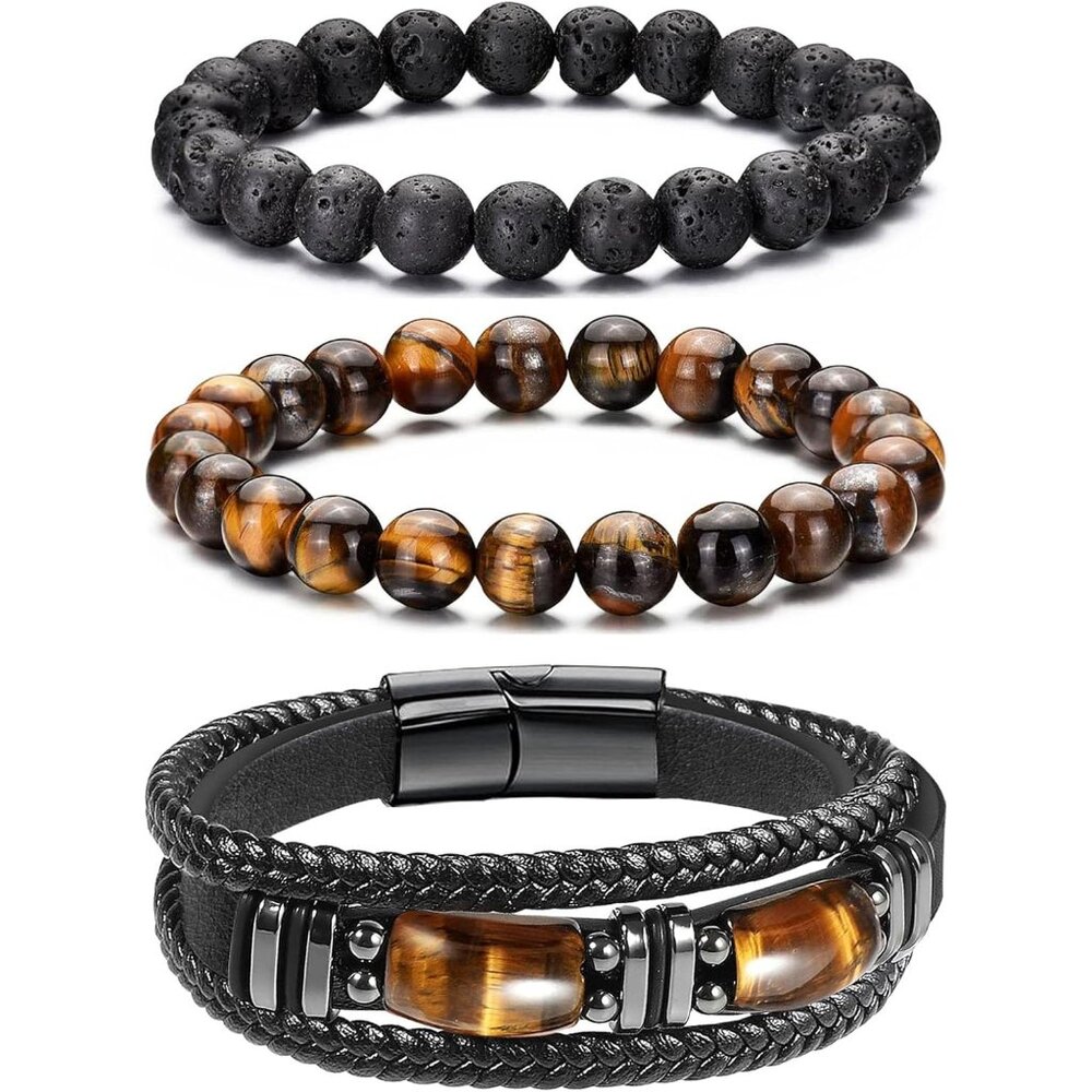 Gift-Ready Men's Leather & Lava Rock Bracelet Set - Perfect for Any Celebration